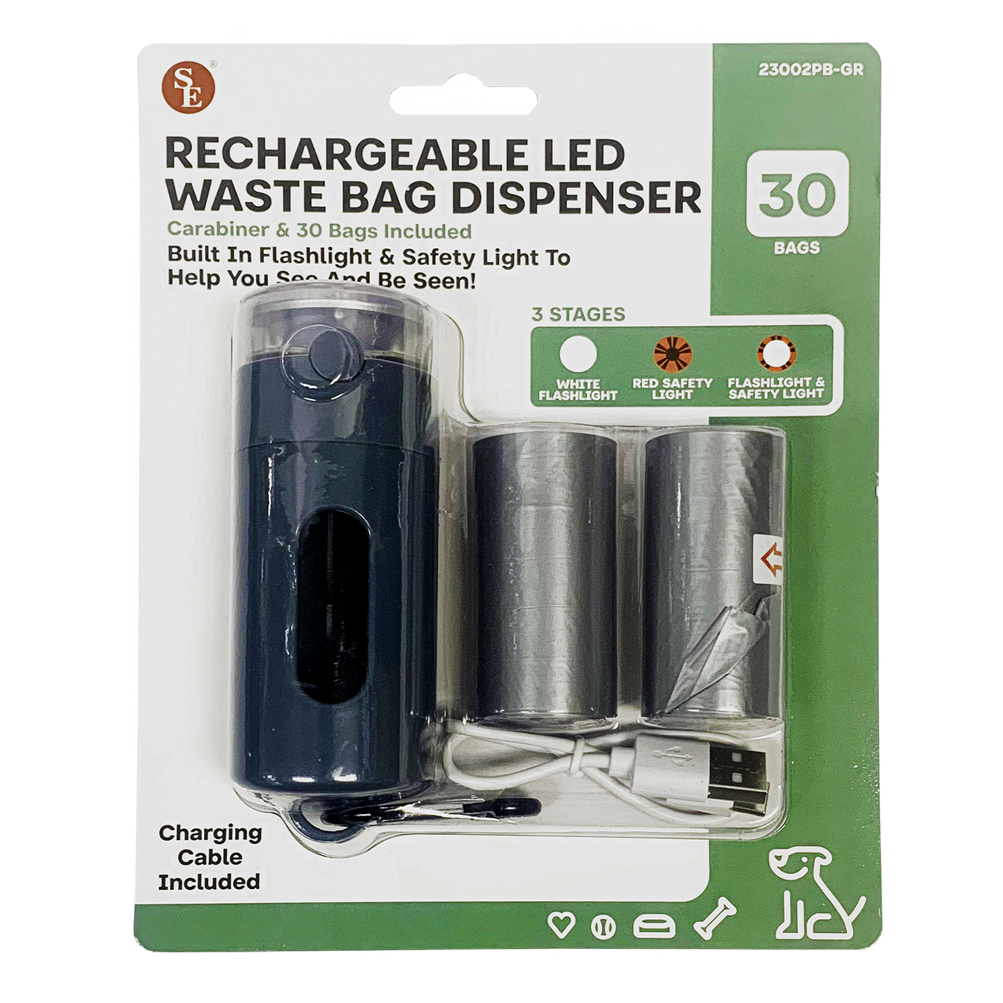 RECHARGEABLE LED FLASHLIGHT WASTE BAG DISPENSER